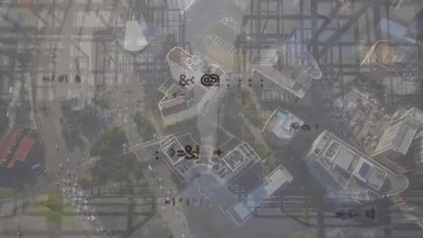 Animation Multiple Changing Symbols Structures Aerial View Cityscape Computer Interface — Wideo stockowe