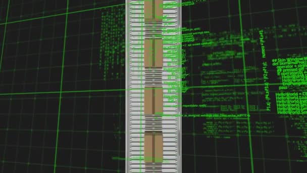 Animation Computer Language Carboard Boxes Conveyer Belt Black Background Digitally — Stock videók
