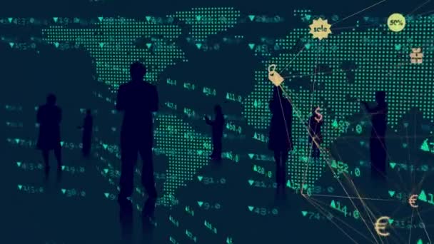 Animation Financial Data Processing Business People Silhouettes Black Background Global — Vídeo de stock