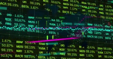 Animation of data processing and stock market over world map on black background. Global business and digital interface concept digitally generated video.