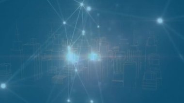 Animation of network of connections over digital city. Global business and digital interface concept digitally generated video.