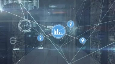 Animation of network of connections over server room. Global business and digital interface concept digitally generated video.