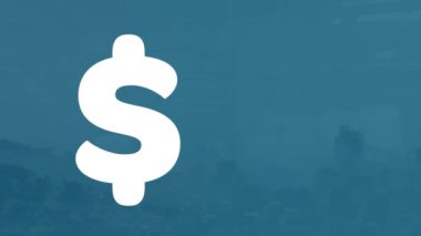 Animation of american dollar sign filling up with blue, cityscape and financial data processing. Global business, finance, currency and data processing concept digitally generated video.