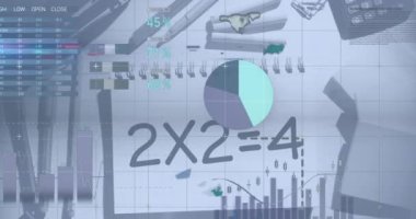 Animation of data processing over mathematical equation and school items. Global education and digital interface concept digitally generated video.