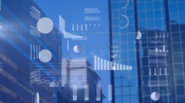 Animation of data processing and light spots over diagrams and cityscape. Global business and digital interface concept digitally generated video.