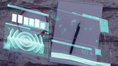 Animation of statistics and data processing over desk with cup of coffee and office items. Global business, finance and data processing concept digitally generated video.