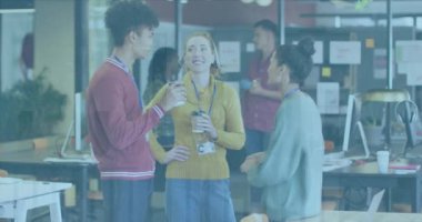 Animation of financial data processing over young diverse business people. Global business, finance, computing and data processing concept digitally generated video.
