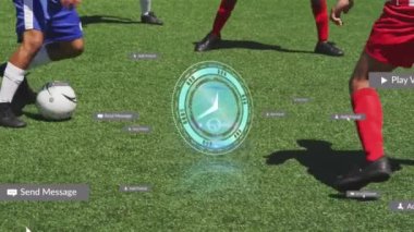Animation of clock and social media icons over football players. Global social media, business, finances, computing and data processing concept digitally generated video.