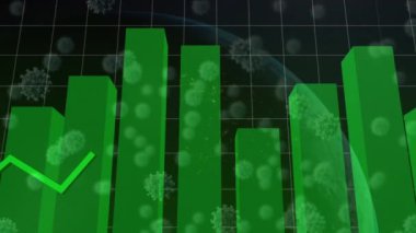 Animation of statistical data processing and covid-19 cells floating against globe. Covid-19 pandemic and business data technology concept