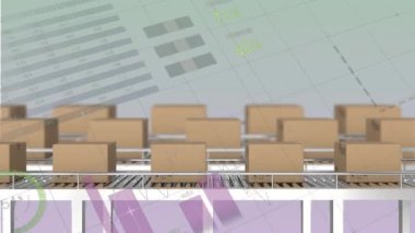 Animation of statistical data processing over boxes on conveyer belt against gradient background. Logistics and transportation business technology concept