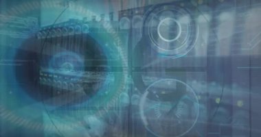 Animation of scope scanning with 5g text and data processing over caucasian woman in server room. Global technology, computing and digital interface concept digitally generated video.