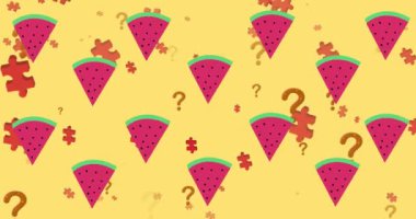 Animation of question marks over puzzle and watermelon icons. Global education and digital interface concept digitally generated video.