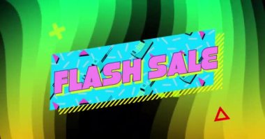 Animation of flash sale text in rectangle over x symbol and triangle on abstract pattern. Digitally generated, hologram, illuminated, illustration, discount, marketing and advertisement concept.