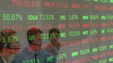 Animation of stock market data processing over team of customer care executive working at office. Global economy and business technology concept