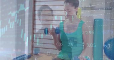 Composite of financial data processing over woman exercising. Global sports, exercise, data processing and computing concept digitally generated video.