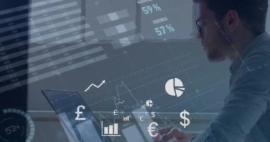 Animation of infographic interface and dollar symbol over caucasian businessman using laptop. Digital composite, multiple exposure, report, finance, global, office, banking and technology concept.