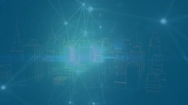 Animation of network of connections over digital city. Global business and digital interface concept digitally generated video.