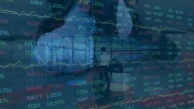 Animation of stock market data processing over woman using smartphone against businessman. Global economy and business technology concept