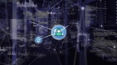 Animation of network of connections with icons over server room and data processing. Global business and digital interface concept digitally generated video.