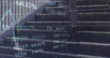 Animation of financial data processing over man walking on stairs. Global business, finances and digital interface concept digitally generated video.