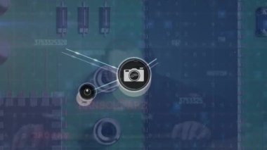 Animation of network of connections with icons and data processing over server room and hacker. Global connections, technology and digital interface concept digitally generated video.