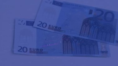 Animation of financial data processing over euro bills on white background. Global business, finances and digital interface concept digitally generated video.