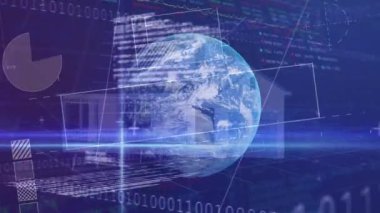 Animation of data processing over globe and house. Global business and digital interface concept digitally generated video.