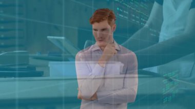 Animation of financial data processing over caucasian businessman using tablet. Global business, finances and digital interface concept, digitally generated video.