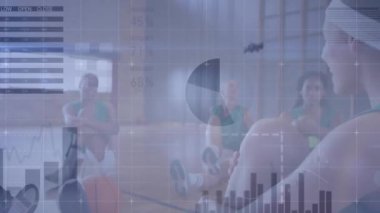 Animation of data processing over diverse sports people stretching at gym. Global sport and digital interface concept digitally generated video.
