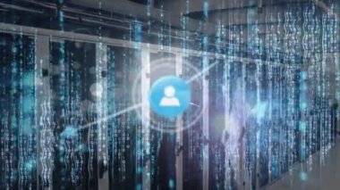 Sunucu odasındaki simgeler ve veri işleme ağı animasyonu. küresel bağlantılar, bilgisayar ve dijital arayüz konsepti dijital olarak oluşturulmuş video.