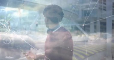 Animation of network of connections over man in city. Global networks, computing and data processing concept digitally generated video.