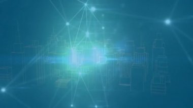 Animation of network of connections over digital city. Global business and digital interface concept digitally generated video.