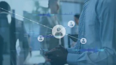 Animation of network of connections over diverse business people. Global business, finances, computing and data processing concept digitally generated video.