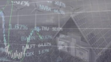 Animation of data processing over wind turbines and house. Global business and digital interface concept digitally generated video.