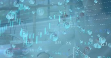 Animation of data processing and bitcoins over biracial man using laptop. Global business and digital interface concept digitally generated video.