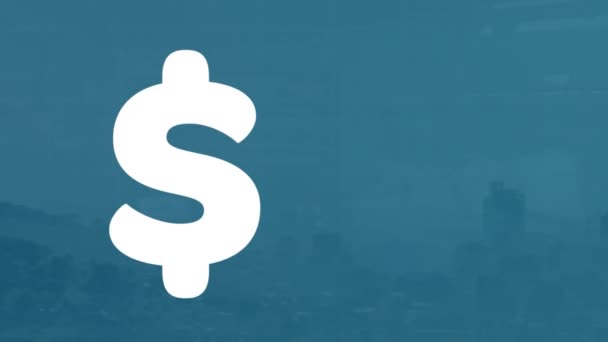 Animation American Dollar Sign Filling Blue Cityscape Financial Data Processing — Vídeo de Stock