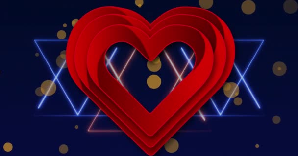 ネオンライトトレイルと青を背景に黄色の斑点の上に赤いハートアイコンのアニメーション バレンタインデーと愛のコンセプト — ストック動画