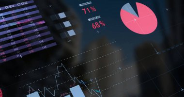 Image of data processing over landscape. Global digital interface technology and connections concept digitally generated image.