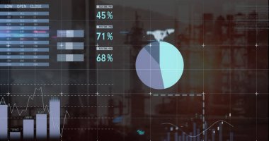 Image of data processing over server walking. Global business digital interface technology and networking concept digitally generated image.