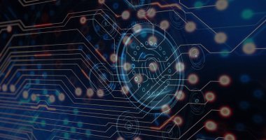Image of network of connections with icons over data processing. Global business digital interface technology and networking concept digitally generated image.