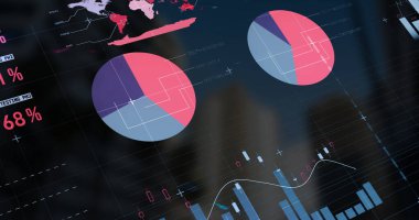 Image of data processing over landscape. Global digital interface technology and connections concept digitally generated image.