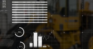 Image of financial data processing over payment terminal. Global covid pandemic medicine and healthcare services concept digitally generated image.