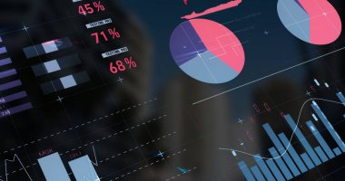 Image of data processing over landscape. Global digital interface technology and connections concept digitally generated image.