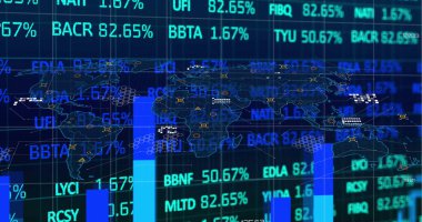 Image of financial data processing and statistics over world map on black background. Global finance, business and data processing concept digitally generated image.