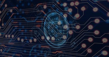 Image of network of connections with icons over data processing. Global business digital interface technology and networking concept digitally generated image.