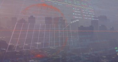 Image of statistical and stock market data processing against aerial view of cityscape. Global economy and business technology concept
