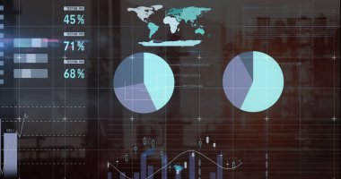 Image of data processing over server walking. Global business digital interface technology and networking concept digitally generated image.