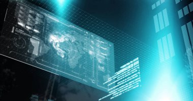 Image of data processing over globe on screen in background. Global connections digital interface and computing concept digitally generated image.