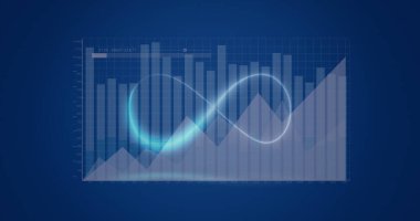 Composition of data processing over shapes on blue background. Global technology, computing and digital interface concept digitally generated image.