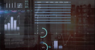 Image of data processing over server walking. Global business digital interface technology and networking concept digitally generated image.